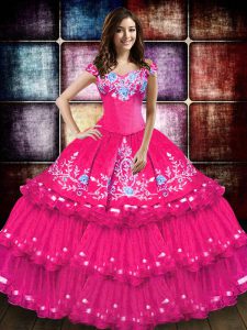 Classical Hot Pink Taffeta Lace Up Off The Shoulder Sleeveless Floor Length Vestidos de Quinceanera Embroidery and Ruffled Layers