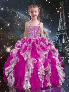 Straps Sleeveless Organza Custom Made Pageant Dress Beading and Ruffles Lace Up