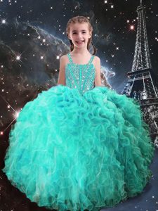 Sleeveless Organza Floor Length Lace Up Little Girl Pageant Gowns in Turquoise with Beading and Ruffles