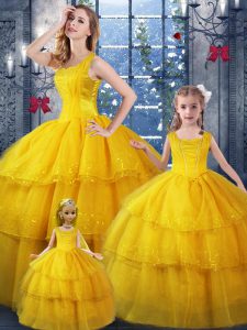 Perfect Gold 15 Quinceanera Dress Military Ball and Sweet 16 and Quinceanera with Ruffled Layers Straps Sleeveless Lace Up