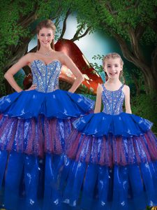 Trendy Blue Ball Gowns Sweetheart Sleeveless Organza Floor Length Lace Up Beading and Ruffled Layers Quince Ball Gowns