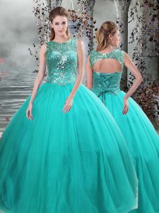 Clearance Turquoise Ball Gowns Beading Quince Ball Gowns Lace Up Tulle Sleeveless Floor Length
