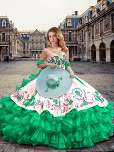Free and Easy Sweetheart Sleeveless Sweet 16 Dresses Floor Length Embroidery and Ruffled Layers Green Organza and Taffeta
