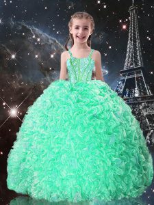 Wonderful Straps Sleeveless Glitz Pageant Dress Floor Length Beading and Ruffles Apple Green Organza