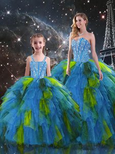 Top Selling Sweetheart Sleeveless 15th Birthday Dress Floor Length Beading and Ruffles Multi-color Organza
