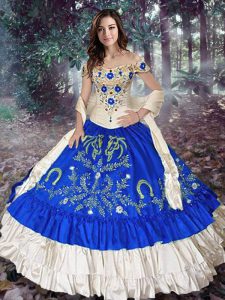 Enchanting Royal Blue Lace Up Off The Shoulder Embroidery and Ruffled Layers Quinceanera Gowns Taffeta Sleeveless