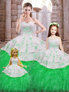Fashion Floor Length Green Quinceanera Gown Organza Sleeveless Beading and Appliques and Ruffles