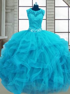 Low Price Baby Blue Scoop Neckline Beading and Ruffles Ball Gown Prom Dress Sleeveless Lace Up