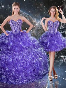 Sweetheart Sleeveless Quince Ball Gowns Floor Length Beading and Ruffles Purple Organza