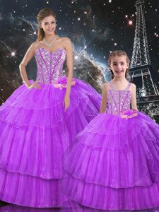Comfortable Sleeveless Organza and Tulle Floor Length Lace Up 15th Birthday Dress in Purple with Beading and Ruffled Layers
