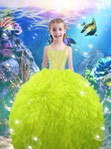 Custom Fit Sleeveless Floor Length Beading and Ruffles Lace Up Child Pageant Dress with