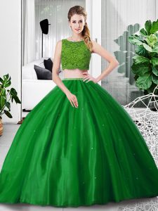Green 15 Quinceanera Dress Military Ball and Sweet 16 and Quinceanera with Lace and Ruching Scoop Sleeveless Zipper
