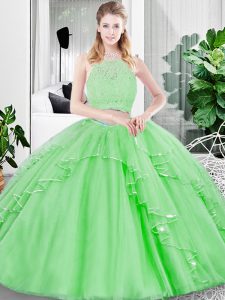 Luxury Two Pieces Tulle Scoop Sleeveless Lace and Ruffled Layers Floor Length Zipper Ball Gown Prom Dress