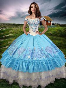 Smart Baby Blue Off The Shoulder Neckline Beading and Embroidery and Ruffled Layers Sweet 16 Dress Sleeveless Lace Up