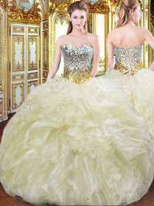 Sleeveless Floor Length Beading and Ruffles Lace Up 15 Quinceanera Dress with Light Yellow