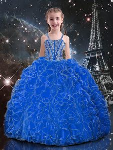 Beading and Ruffles Pageant Dress for Teens Blue Lace Up Sleeveless Floor Length