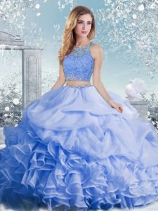 Simple Floor Length Baby Blue Quinceanera Dresses Organza Sleeveless Beading and Ruffles and Pick Ups