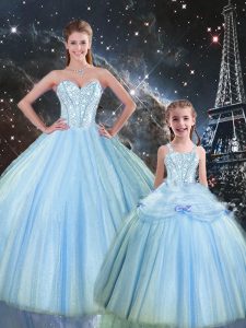 Fabulous Baby Blue Ball Gowns Beading Vestidos de Quinceanera Lace Up Tulle Sleeveless Floor Length
