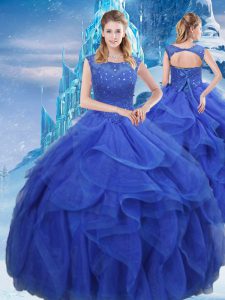 Gorgeous Ruffles and Sequins 15 Quinceanera Dress Royal Blue Lace Up Sleeveless Floor Length