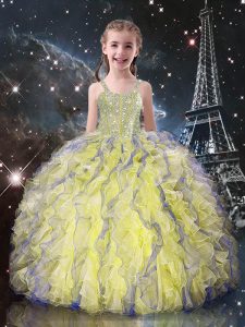 Light Yellow Lace Up Straps Beading and Ruffles Little Girls Pageant Dress Wholesale Organza Sleeveless