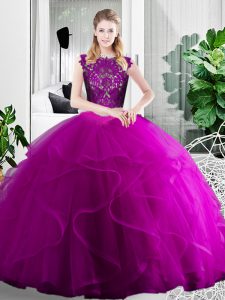 Top Selling Scoop Sleeveless 15th Birthday Dress Floor Length Lace and Ruffles Fuchsia Tulle
