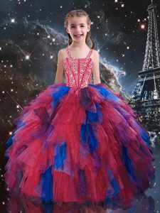 Sleeveless Tulle Floor Length Lace Up Pageant Dress Toddler in Coral Red with Beading and Ruffles