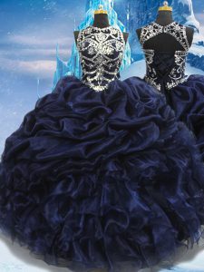 Navy Blue Sleeveless Floor Length Appliques and Ruffles and Pick Ups Lace Up Ball Gown Prom Dress