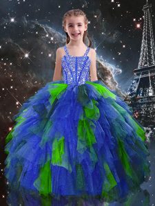 Custom Designed Blue Sleeveless Floor Length Beading and Ruffles Lace Up Little Girl Pageant Gowns