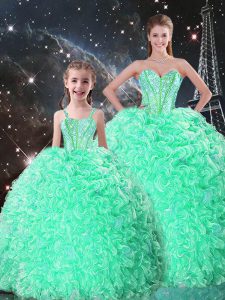 Top Selling Beading and Ruffles Ball Gown Prom Dress Apple Green Lace Up Sleeveless Floor Length