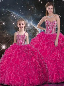 Hot Pink Sweetheart Lace Up Beading and Ruffles Vestidos de Quinceanera Sleeveless