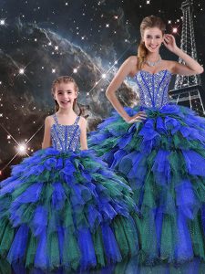 High End Sleeveless Floor Length Beading and Ruffles and Ruffled Layers Lace Up Quince Ball Gowns with Multi-color