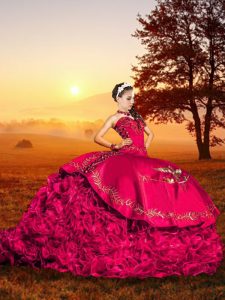 Spectacular Red Lace Up Quinceanera Dresses Embroidery and Ruffles Sleeveless Brush Train