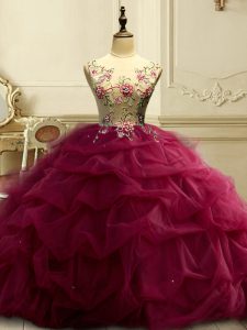 Eye-catching Burgundy Organza Lace Up Scoop Sleeveless Floor Length Sweet 16 Dress Appliques and Ruffles and Sequins