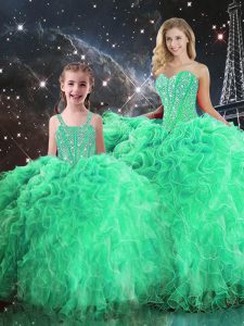 Luxurious Sleeveless Floor Length Beading and Ruffles Lace Up Quinceanera Gown with Green