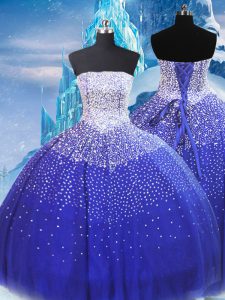 Blue Ball Gowns Tulle Strapless Sleeveless Beading Floor Length Lace Up Sweet 16 Dress