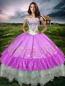 Sweet Lilac Taffeta Lace Up Off The Shoulder Sleeveless Floor Length Quinceanera Dress Beading and Embroidery and Ruffled Layers