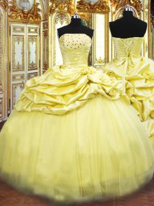 Gold Strapless Neckline Beading and Pick Ups Ball Gown Prom Dress Sleeveless Lace Up