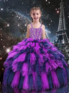 Eggplant Purple Ball Gowns Straps Sleeveless Tulle Floor Length Lace Up Beading and Ruffles Little Girls Pageant Gowns