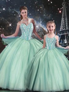 Floor Length Lace Up Sweet 16 Dress Turquoise for Military Ball and Sweet 16 and Quinceanera with Beading