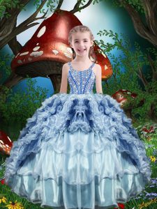Straps Sleeveless Pageant Dress Floor Length Beading and Ruffles and Ruffled Layers Baby Blue Organza