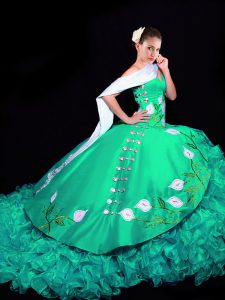 Turquoise Sleeveless Brush Train Embroidery and Ruffles Sweet 16 Dress