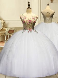 Decent White Organza Lace Up Ball Gown Prom Dress Sleeveless Floor Length Appliques and Ruffles