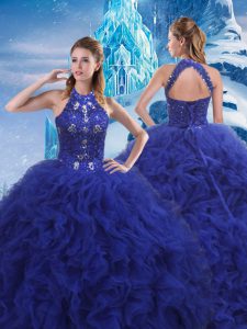 Spectacular Sleeveless Brush Train Beading and Ruffles Lace Up Quince Ball Gowns