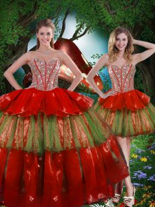 Wine Red Organza Lace Up 15th Birthday Dress Sleeveless Floor Length Beading and Ruffled Layers