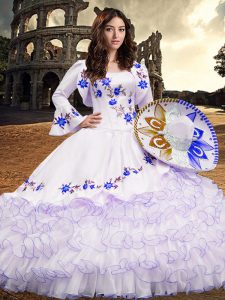 Trendy Square Long Sleeves Organza Quinceanera Gown Embroidery and Ruffled Layers Lace Up