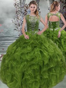 Olive Green Organza Lace Up Scoop Sleeveless Floor Length Quinceanera Dress Beading and Ruffles