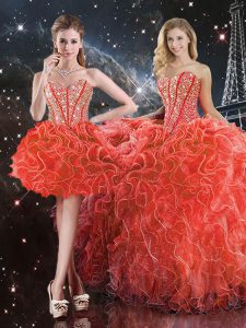 Coral Red Sweetheart Lace Up Beading and Ruffles Quinceanera Dress Sleeveless