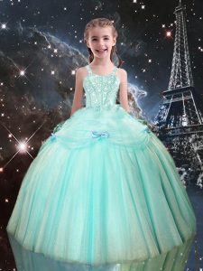 Straps Sleeveless Lace Up Kids Formal Wear Aqua Blue Tulle