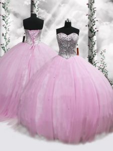 Lilac Lace Up Ball Gown Prom Dress Beading Sleeveless Brush Train