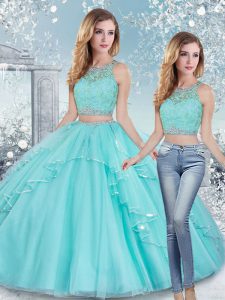 Aqua Blue Clasp Handle Ball Gown Prom Dress Beading and Lace and Sashes ribbons Sleeveless Floor Length